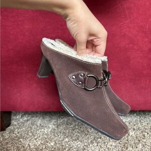 AEROSOLES Brown Real Suede Heeled Mules with Buckle